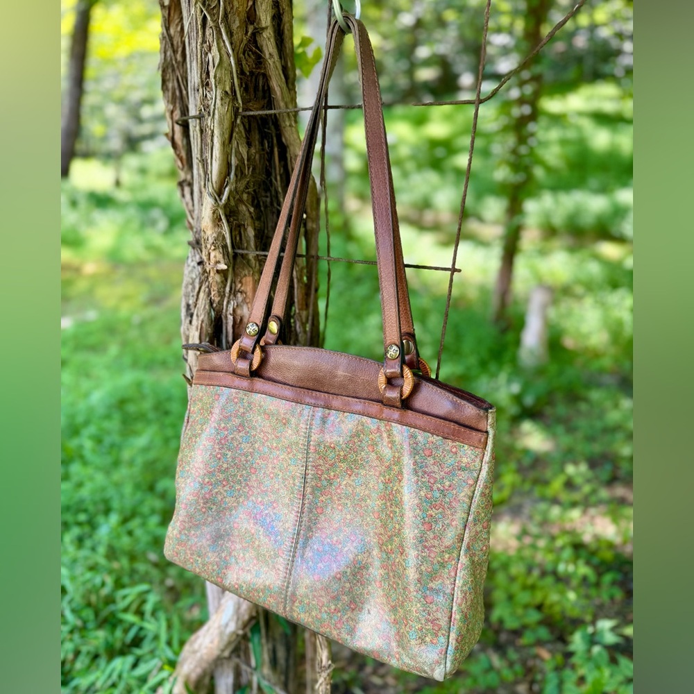 Patricia Nash Poppy Tote Tiny Floral Print Brown Leather